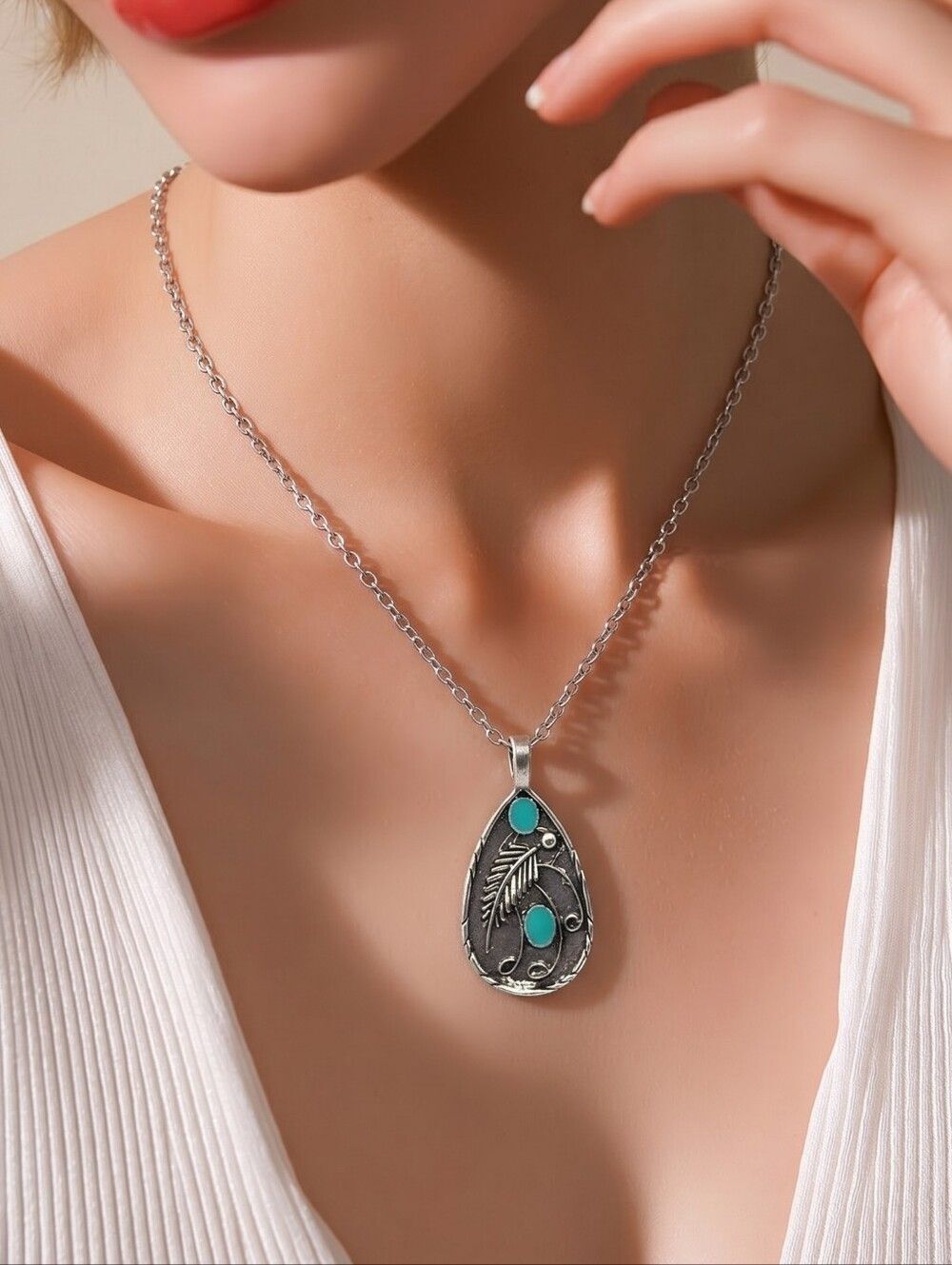 Turquoise Feather Necklace Western Boho Pendant Native American Inspired Jewelry